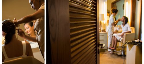 The bride and her best friend prepare in separate rooms, having their make-up and hair done by specialists.