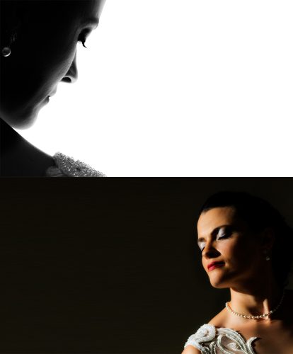 Author: Dedans PhotographyCollage of two images of bride: upper half silhouette of face against white background, lower half portrait against black background.