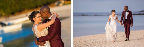 Bride and groom walking hand in hand on beach.